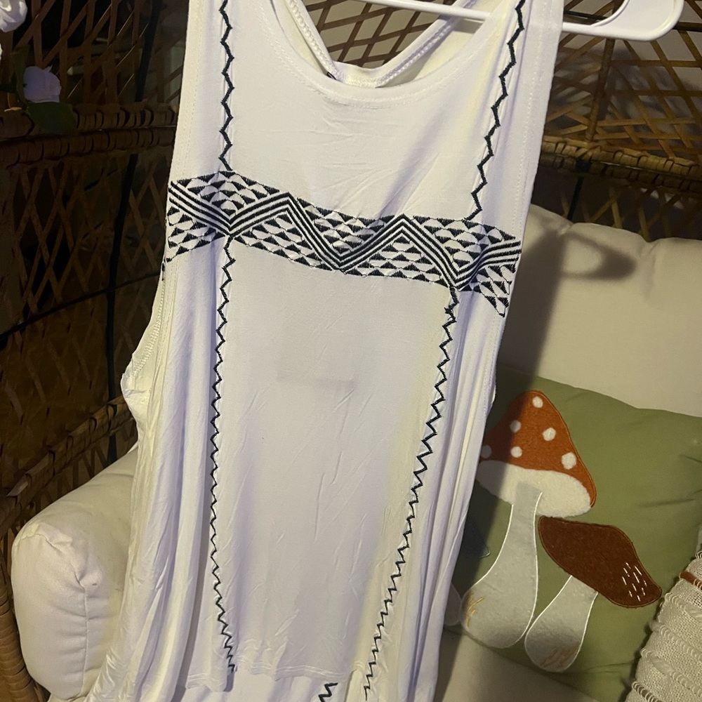 White Boho Tank Top with Black Tribal Embroidery – Size Small